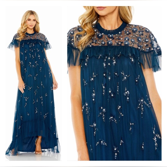 Mac Duggal 9262 NWOT High Neck Embellished Gown in Ocean...